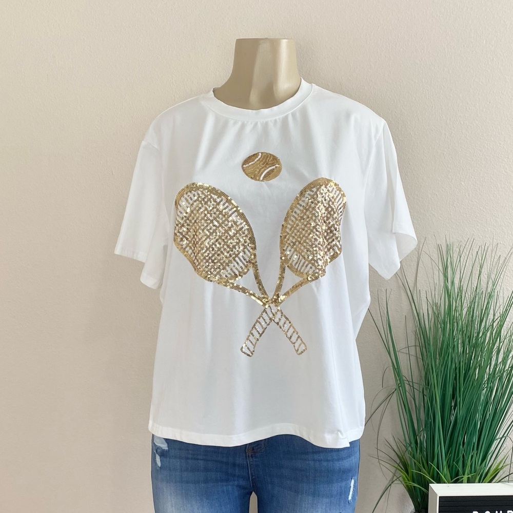 Women’s White Short Sleeve Tee with Gold Tennis Racket Sequin Graphic